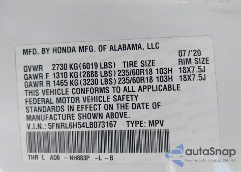 2020 Honda Odyssey Ex from USA, damaged, VIN 5FNRL6H54LB073167